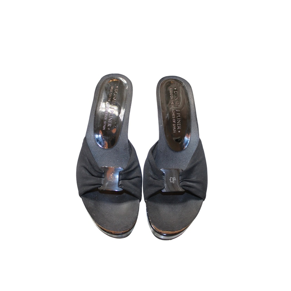 Donald J Pliner Wedge Sandals Womens Black Patent Good Spain Fabric Bow Slide